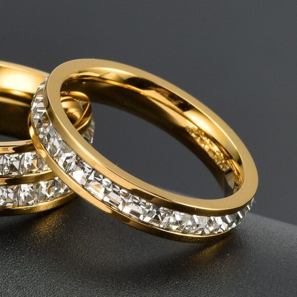 3/$35 18k Gold Plated Stainless Steel Band Ring Single Row Crystal Zirconia - Picture 6 of 7